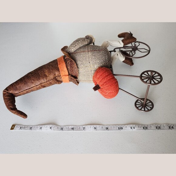 THANKSGIVING GNOME Riding a Bicycle w/ Felt Plush Orange Pumpkin on Bike - Picture 7 of 8